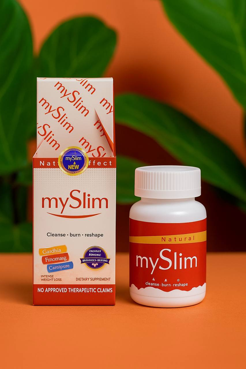 mySlim supplement bottle and packaging surrounded by green leaves against an orange backdrop